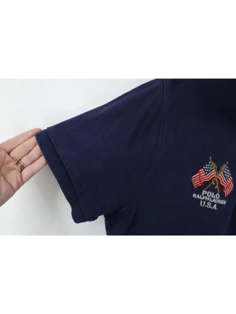 Vintage Ralph Lauren Mens Large Chambray Collar USA Flag Rugby Polo Shirt Blue